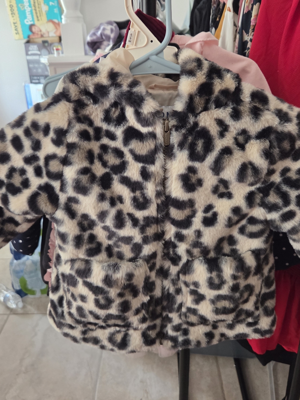 Old Navy Faux Fur Leopard Hooded Jacket - Beige & Black